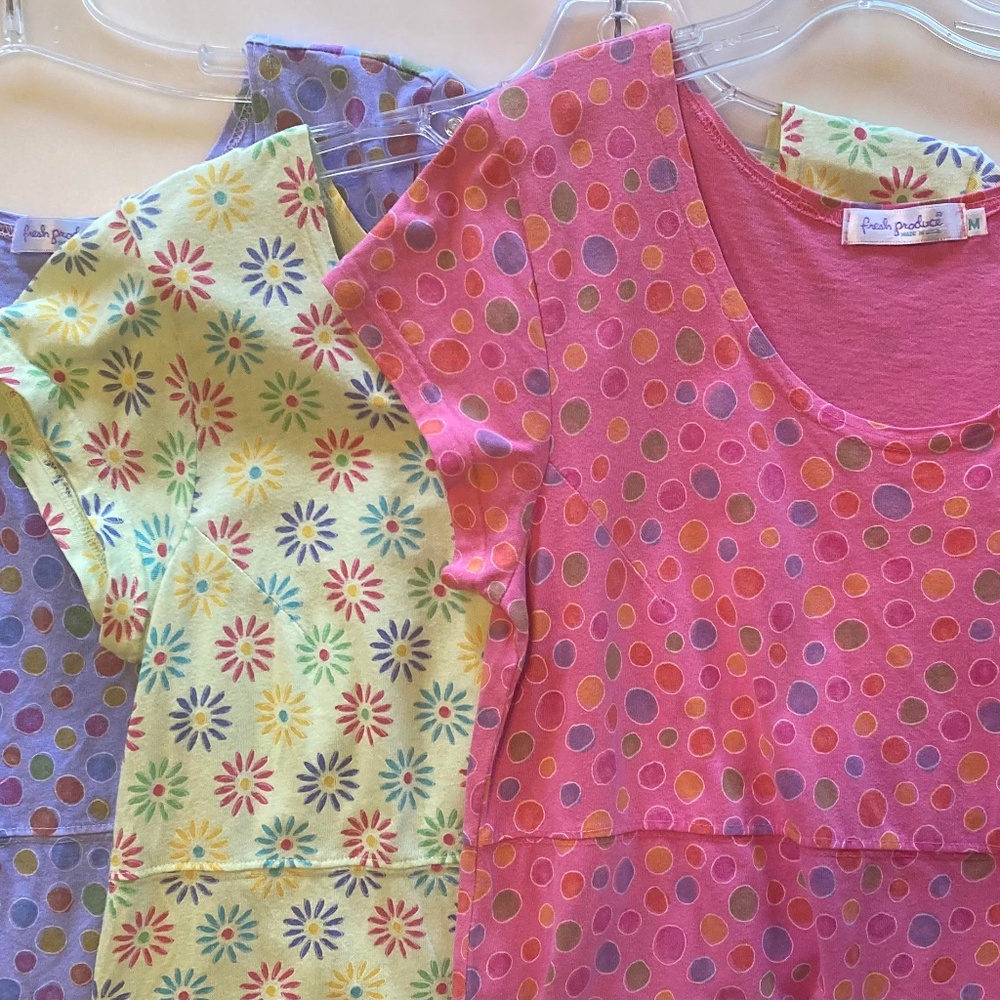Lot of 3 vintage Fresh Produce Dresses sz M Cotton/Short Sleeve Dots/Flowers